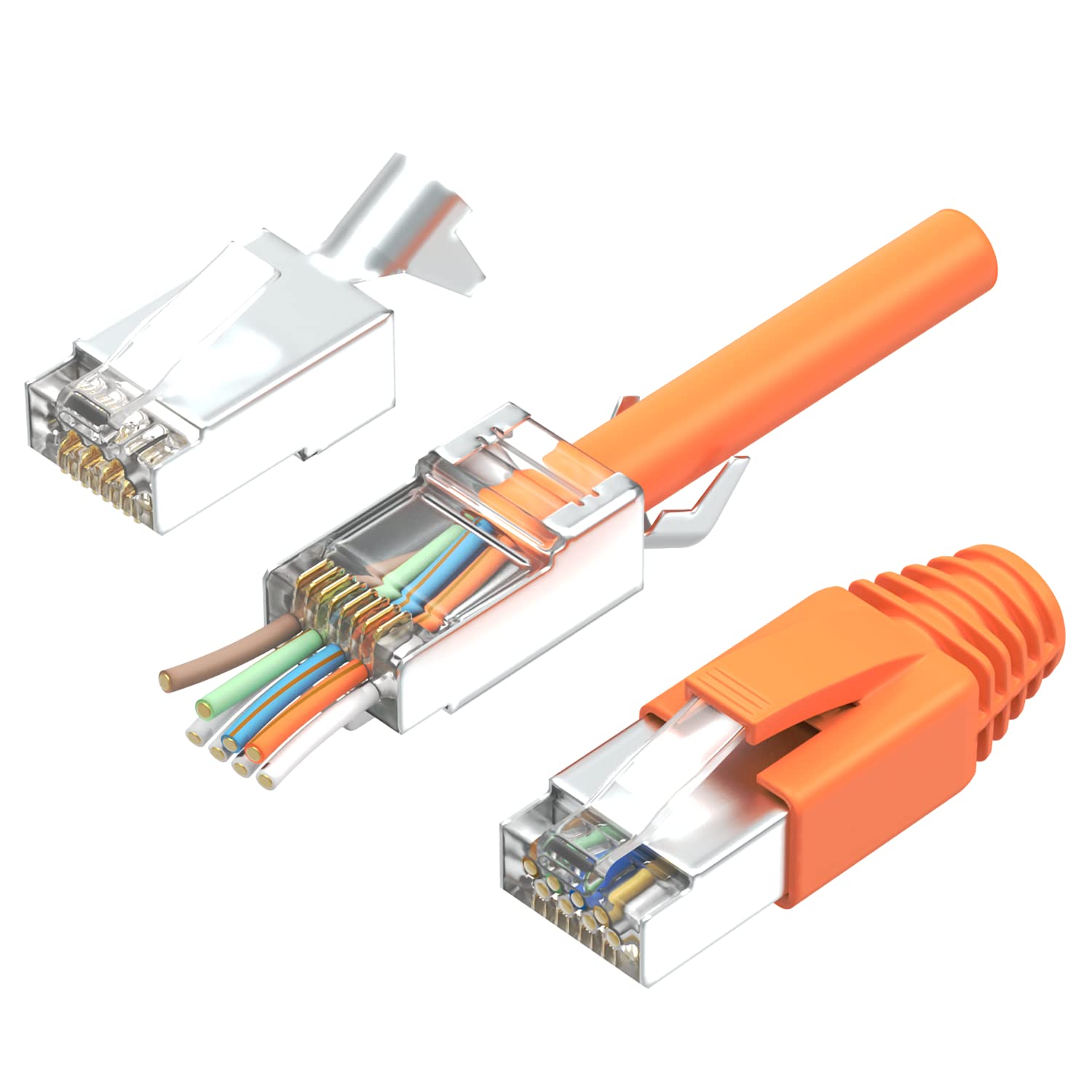 RJ45 Stecker Cat7 20er Set | Netzwerkstecker, Pass Through & Geschirmt | Inkl. Zugentlastung & Einführhilfe