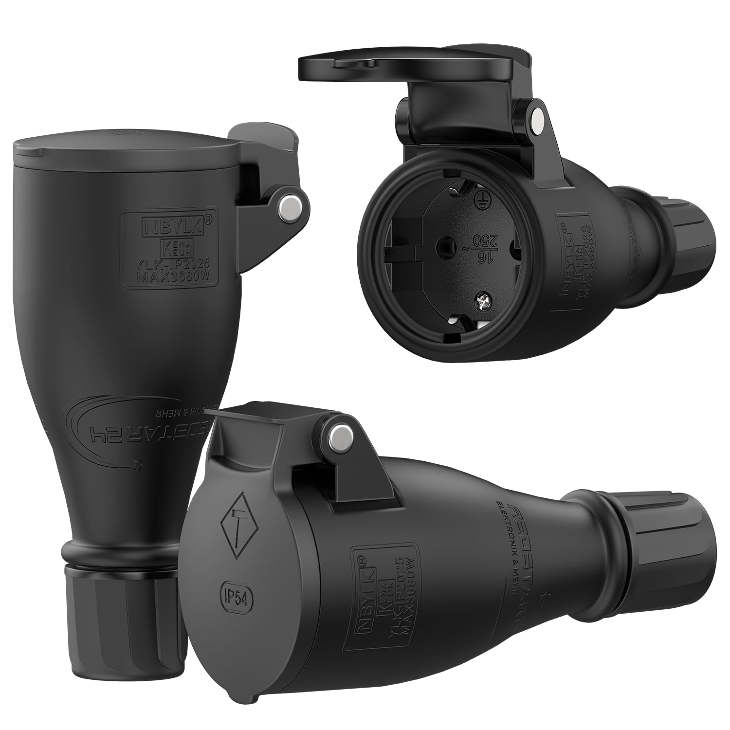 Schuko Kupplung 230V IP54-3er Set | Robuste Steckdose, 3-Polig, Schwarz, Gummi & Kunststoff | Automatische Federabdeckun