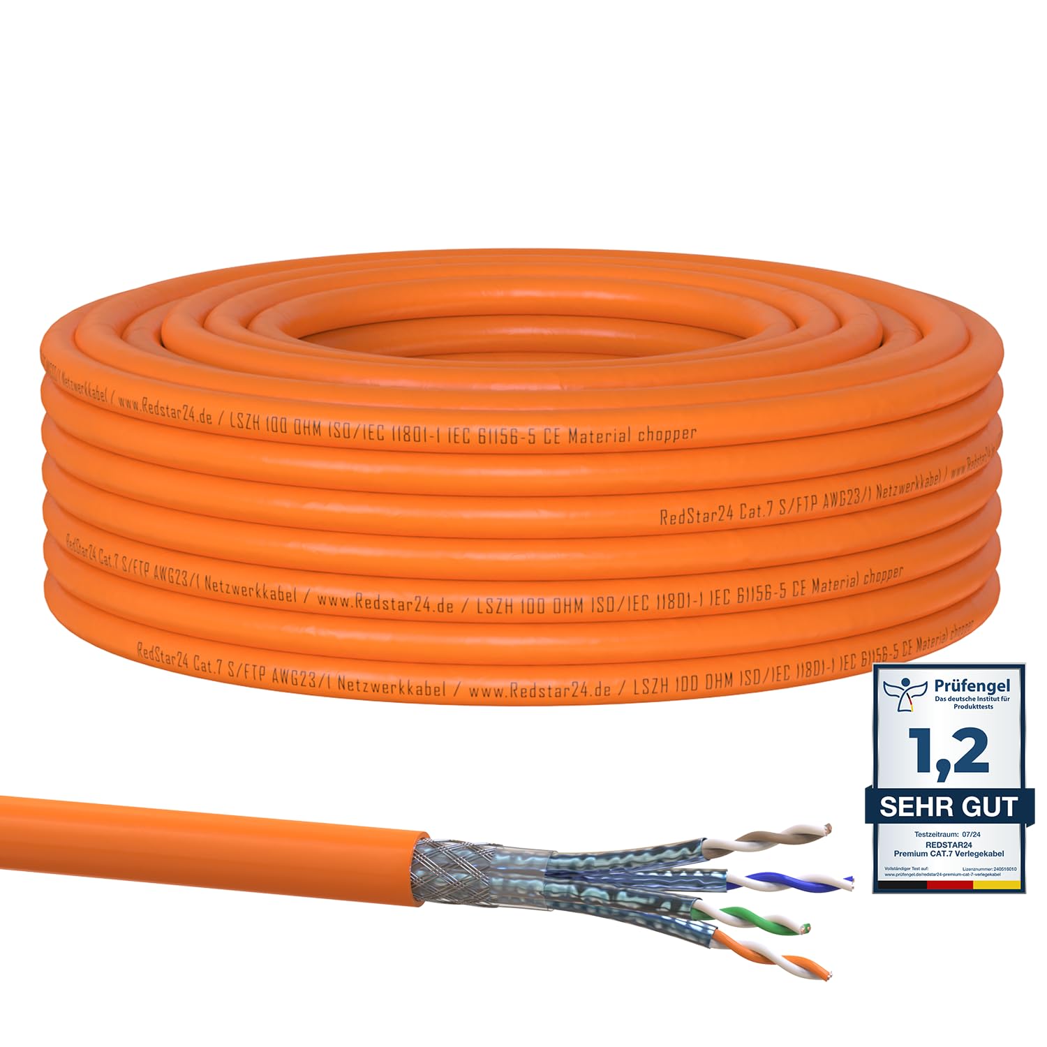 RedStar24 CAT 7 Verlegekabel für Gigabit Netzwerke 30m_halogenfrei_PIMF_POE10G_Halbinsel_simplex