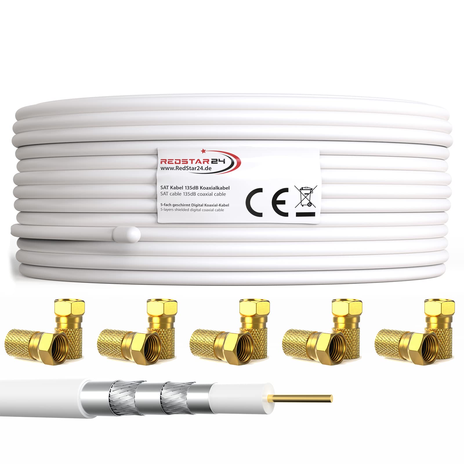 RedStar24 30m koaxial SAT Antennenkabel Digital ultra HD 4K DVB-S/S2 DVB-C/C2 DVB-T (135dB, 5-Fach geschirmt) | Weiss, 3