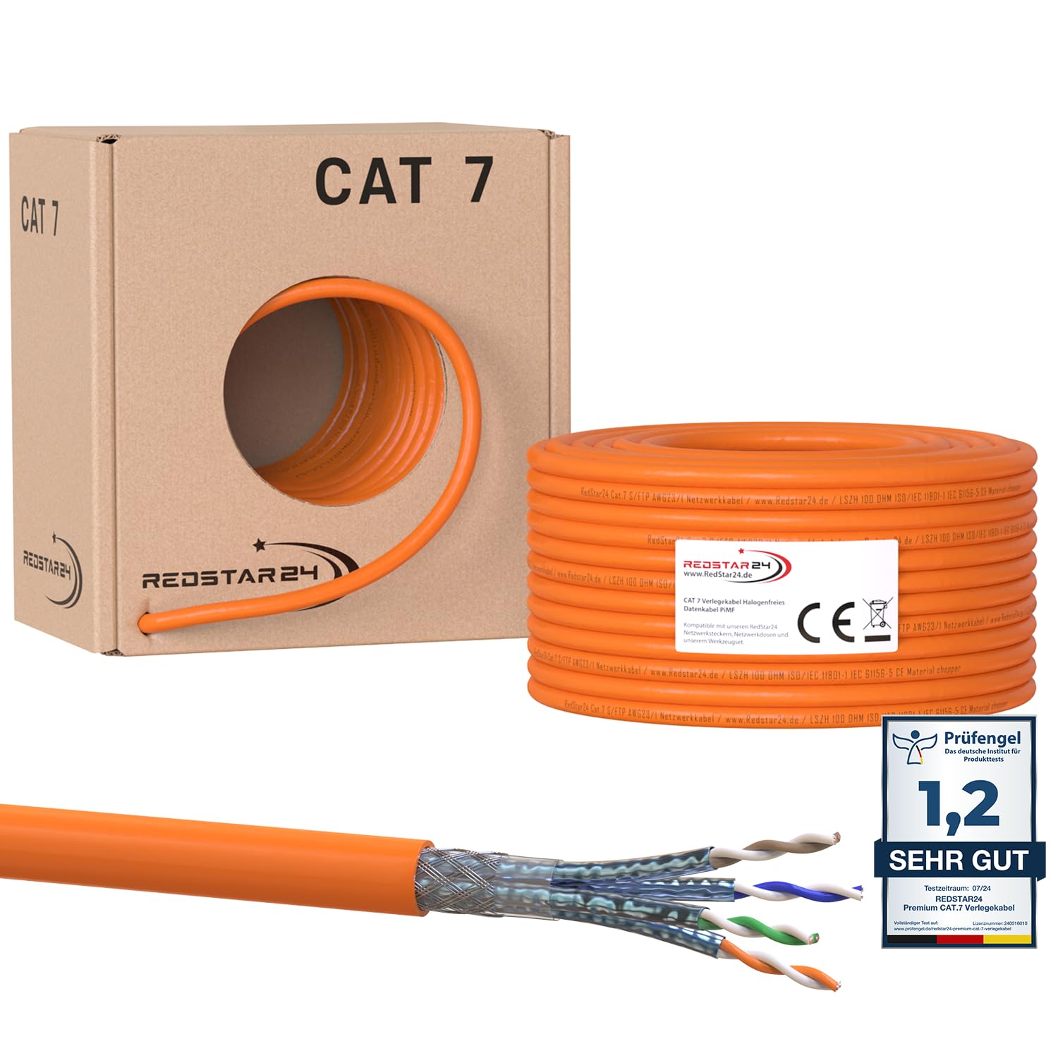 RedStar24 CAT 7 Verlegekabel für Gigabit Netzwerke 50m Halogenfrei PIMF POE Ethernet